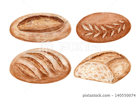 Sourdough bread set with different artisan loaves isolated on white, hand painted watercolor bakery illustration collection isolated on white background, organic food elements for menu, packaging Sourdough bread set with different artisan loaves isolated on white, hand painted watercolor bakery illustration collection isolated on white background, organic food elements for menu, packaging 140550074