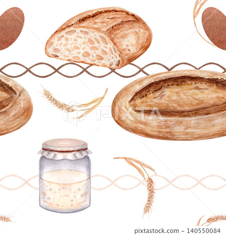 Artisan bread, sourdough loaf, wheat ears and starter jar seamless watercolor pattern. Hand painted bakery illustration in rustic style, perfect for packaging, textile, wrapping paper and food design Artisan bread, sourdough loaf, wheat ears and starter jar seamless watercolor pattern. Hand painted bakery illustration in rustic style, perfect for packaging, textile, wrapping paper and food design 140550084