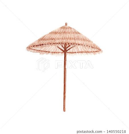 Watercolor straw beach umbrella illustration isolated on white. Hand painted tropical parasol in natural tones. Coastal element for summer decor, beach stationery, wedding and nautical designs Watercolor straw beach umbrella illustration isolated on white. Hand painted tropical parasol in natural tones. Coastal element for summer decor, beach stationery, wedding and nautical designs 140550218