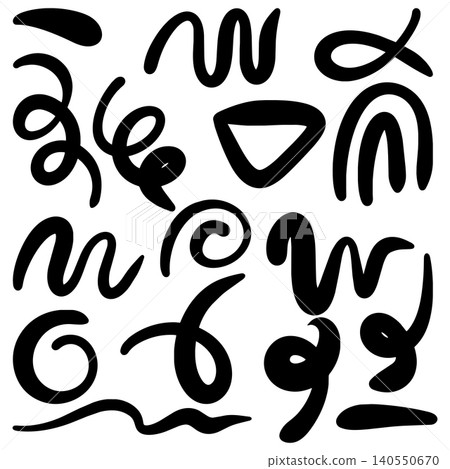 Hand drawn abstract black doodle elements set isolated on white background. Thick ink brush strokes, squiggles, swirls, and wavy lines collection for graphic design. Hand drawn abstract black doodle elements set isolated on white background. Thick ink brush strokes, squiggles, swirls, and wavy lines collection for graphic design. 140550670