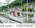 A peaceful green space stretches out beside the railway tracks at Musashi-Yokote Station, and the wooden station building stands quietly (Hidaka City, Saitama Prefecture). 140550695