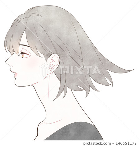 一幅時尚的女性側臉插圖(波波頭,隨風飄揚)。 一幅時尚的女性側臉插圖(波波頭,隨風飄揚)。 140551172