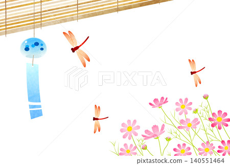 Late summer greeting illustration, wind chimes, bamboo blinds, dragonflies, cosmos flowers, cute, Japanese style, horizontal Late summer greeting illustration, wind chimes, bamboo blinds, dragonflies, cosmos flowers, cute, Japanese style, horizontal 140551464