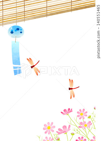 Late summer greeting illustration, wind chimes, bamboo blinds, dragonflies, cosmos flowers, cute, Japanese style, vertical Late summer greeting illustration, wind chimes, bamboo blinds, dragonflies, cosmos flowers, cute, Japanese style, vertical 140551465