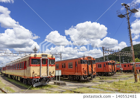Trains lined up in the Tsuyama Station depot Trains lined up in the Tsuyama Station depot 140552481