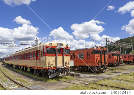 Trains lined up in the Tsuyama Station depot Trains lined up in the Tsuyama Station depot 140552484