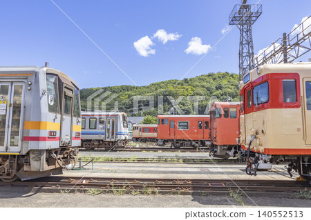Trains lined up in the Tsuyama Station depot Trains lined up in the Tsuyama Station depot 140552513