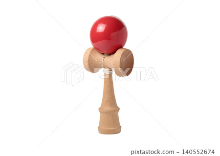 A cutout PNG image of a wooden kendama (cup-and-ball game) photographed from an angle. 140552674