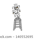 An illustration illustrating a bad example of a factory worker wobbling precariously on a ladder during work at height. 140552695