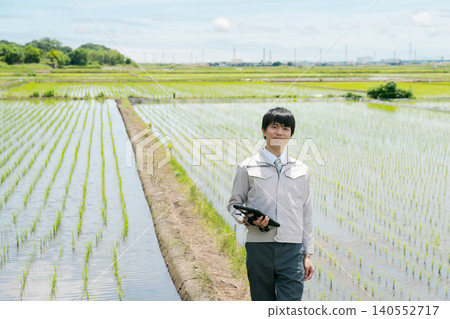 A man in work clothes looking at a rice field. A man in work clothes looking at a rice field. 140552717