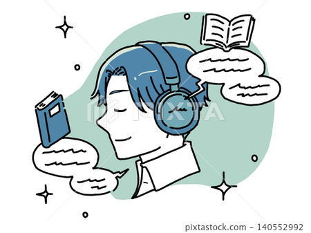 A man listening to an audiobook with headphones on and his eyes closed. 140552992