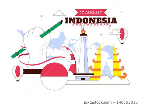 Indonesia Independence Day Illustration Featuring National Monuments, Red and White Flag, Patriotic Celebration, and 17 August Commemoration Indonesia Independence Day Illustration Featuring National Monuments, Red and White Flag, Patriotic Celebration, and 17 August Commemoration 140553016