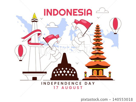 Indonesia Independence Day Illustration Featuring National Monuments, Red and White Flag, Patriotic Celebration, and 17 August Commemoration 140553018