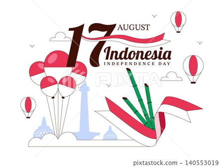 Indonesia Independence Day Illustration Featuring National Monuments, Red and White Flag, Patriotic Celebration, and 17 August Commemoration Indonesia Independence Day Illustration Featuring National Monuments, Red and White Flag, Patriotic Celebration, and 17 August Commemoration 140553019
