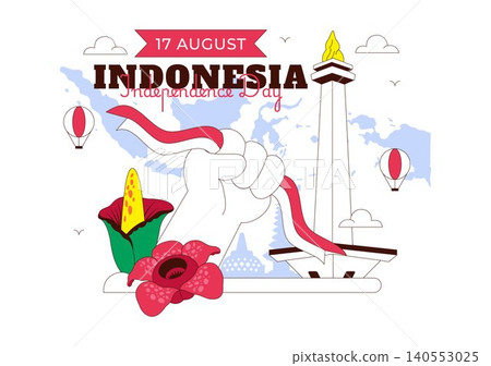 Indonesia Independence Day Illustration Featuring National Monuments, Red and White Flag, Patriotic Celebration, and 17 August Commemoration 140553025