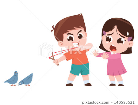 Child Using Slingshot While Friend Warning Cartoon Illustration Dangerous Behavior Kids Concept Child Using Slingshot While Friend Warning Cartoon Illustration Dangerous Behavior Kids Concept 140553521