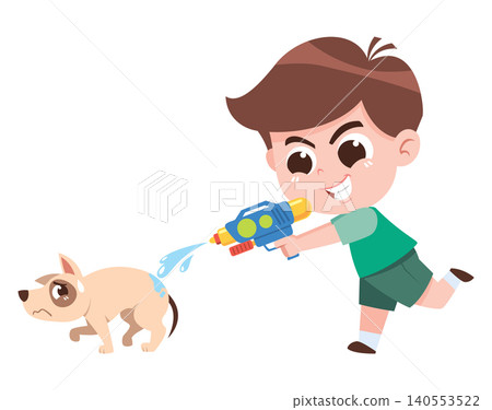 Child Spraying Water Gun at Dog Cartoon Illustration Bad Behavior Kids Animal Safety Concept 140553522