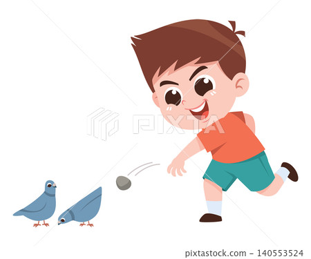 Child Throwing Rock at Birds Cartoon Illustration Bad Behavior Animal Harm Concept Child Throwing Rock at Birds Cartoon Illustration Bad Behavior Animal Harm Concept 140553524