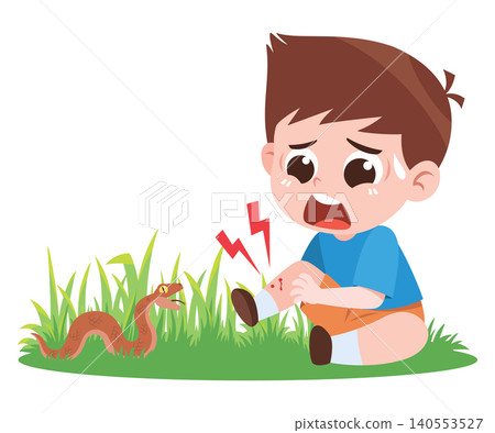 Child Bitten by Snake Cartoon Illustration Animal Danger Kids Safety Concept 140553527