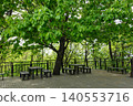 Park rest area with benches under green trees 140553716
