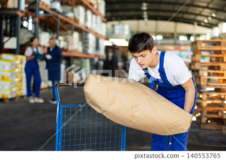 Young guy loading bags on cart in warehouse 140553765