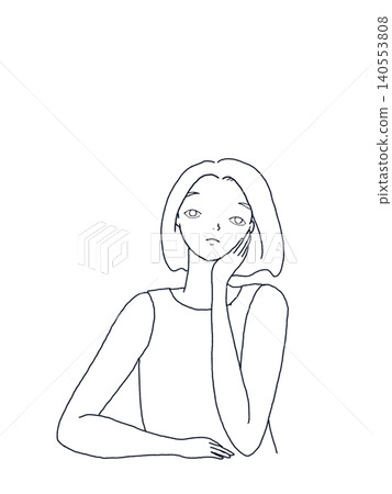 以海藍色線條繪製的年輕女子上半身沉思的插圖。 以海藍色線條繪製的年輕女子上半身沉思的插圖。 140553808