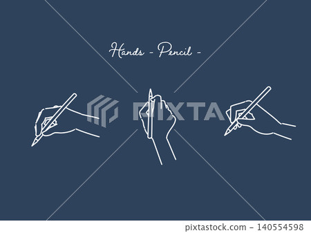 A set of navy blue illustrations depicting poses for drawing with a hand and pencil. 140554598