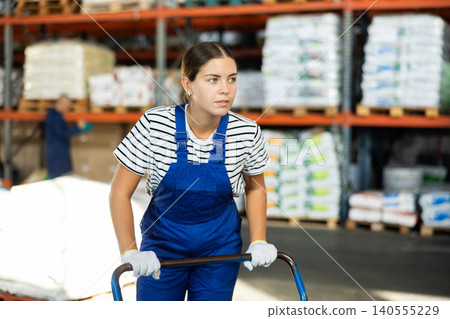 In warehouse of store, loader young woman pushes and carries large cart for bulky cargo In warehouse of store, loader young woman pushes and carries large cart for bulky cargo 140555229