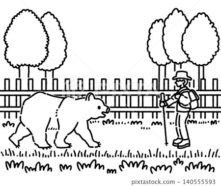 A black and white illustration of a man encountering a bear on a forest path. 140555593