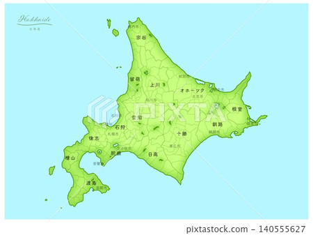 A three-dimensional map series of Japan featuring Hokkaido. (Includes neighboring prefectures, cities, towns, and villages, and Japanese text) HOKKAIDO, JAPAN 140555627