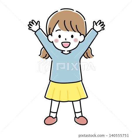 Vector illustration of a girl raising both hands in a victory pose. 140555751