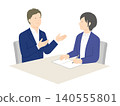 向量圖描繪了商務男士和女商務人士正在開會的情景。 140555801
