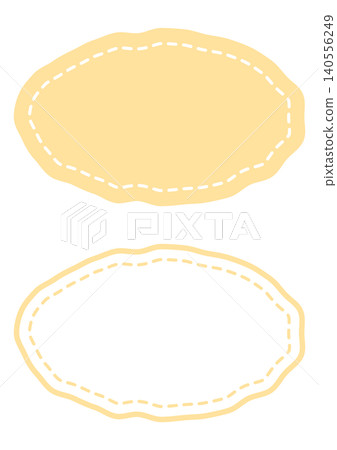 A set of handwritten-style yellow oval frames with stitching and label-style headings with line stitching. 140556249