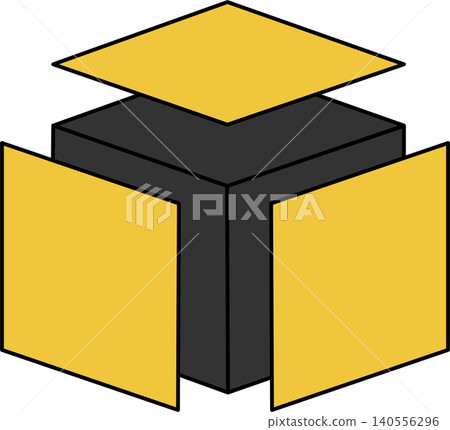 An abstract 3D illustration of a black cube with three floating gold panels detached from its top and front sides. An abstract 3D illustration of a black cube with three floating gold panels detached from its top and front sides. 140556296