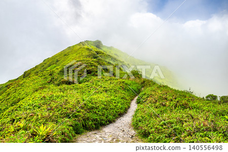 Lush green hiking trail along the ridge of Mount Pelee volcano under a cloudy sky in Martinique, Caribbean France Lush green hiking trail along the ridge of Mount Pelee volcano under a cloudy sky in Martinique, Caribbean France 140556498