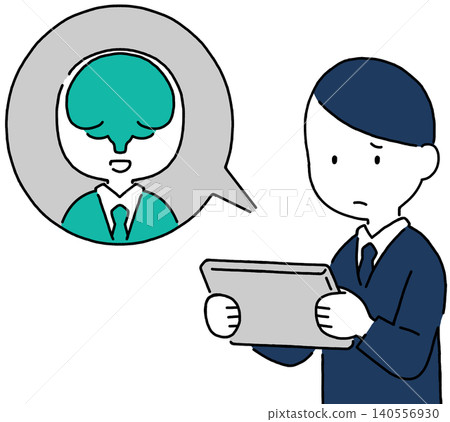 An illustration of the upper body of a disgruntled male businessman asking a question to an AI assistant on a tablet. 140556930