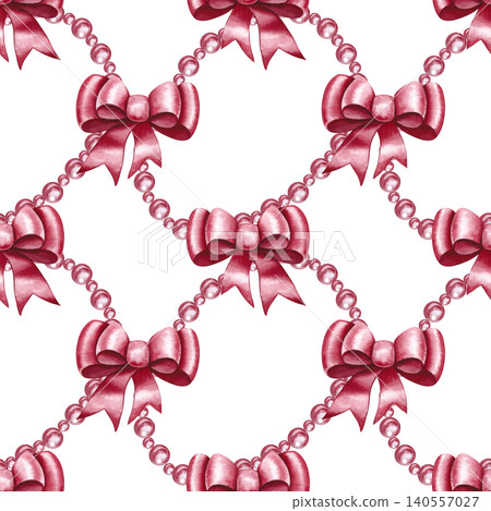Seamless pattern with pink pearl beads and bows. Hand-drawn watercolor illustration. Perfect for clothing and home decor textiles, curtains, tablecloths, wrapping paper, wallpaper, and more. Seamless pattern with pink pearl beads and bows. Hand-drawn watercolor illustration. Perfect for clothing and home decor textiles, curtains, tablecloths, wrapping paper, wallpaper, and more. 140557027