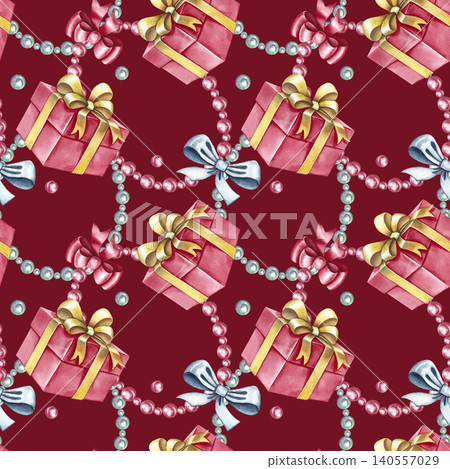Seamless pattern with pink gift boxes, bows, and beads. Hand-drawn watercolor illustration. Dark red background. For textiles and home decor, curtains, tablecloths, wrapping paper, wallpaper and more Seamless pattern with pink gift boxes, bows, and beads. Hand-drawn watercolor illustration. Dark red background. For textiles and home decor, curtains, tablecloths, wrapping paper, wallpaper and more 140557029