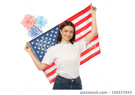 Woman waves American flag. Celebration and liberty concept during USA 250 anniversary, on white Woman waves American flag. Celebration and liberty concept during USA 250 anniversary, on white 140557043