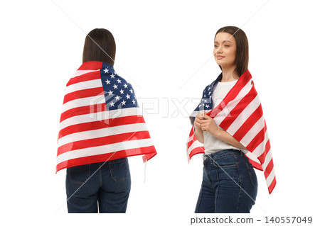 USA 250, Woman showcases American flag. Patriotism and national pride concept, on white USA 250, Woman showcases American flag. Patriotism and national pride concept, on white 140557049