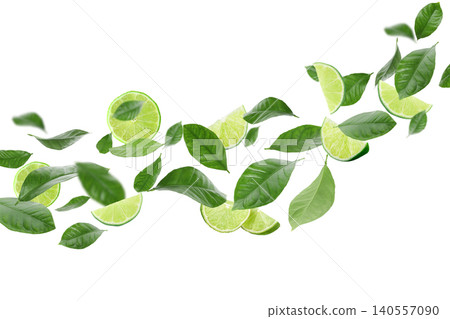 Lime slices and green leaves scattered across the space, PNG 140557090