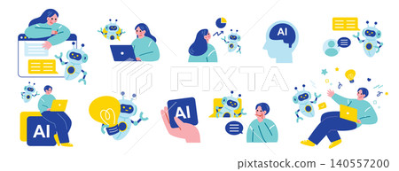 A set of illustrations of people using AI. A set of illustrations of people using AI. 140557200