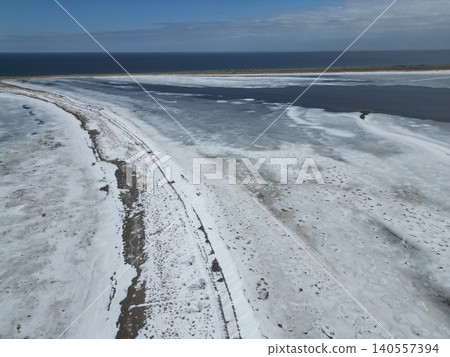 Aerial view of the ice plains of Notsuke Bay in Betsukai Town, Hokkaido. 140557394