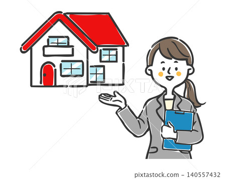 A woman in a suit explaining a house. (Vector) 140557432