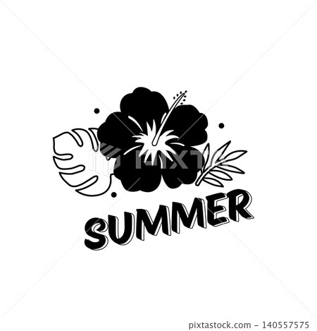 夏季標誌,單色插圖,木槿和龜背竹,夏季元素,標誌,圖標 夏季標誌,單色插圖,木槿和龜背竹,夏季元素,標誌,圖標 140557575