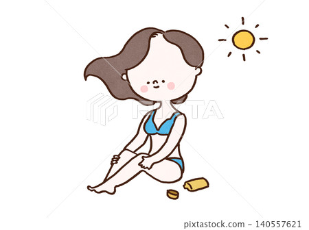 A woman in a bikini applies sunscreen to her body in the scorching sun (UV care/ultraviolet protection) A woman in a bikini applies sunscreen to her body in the scorching sun (UV care/ultraviolet protection) 140557621