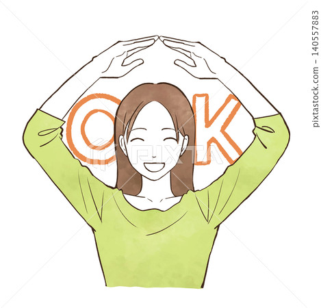A young woman making an OK sign with both arms - watercolor-style hand-drawn illustration. A young woman making an OK sign with both arms - watercolor-style hand-drawn illustration. 140557883