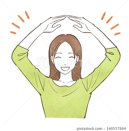 A young woman making a circle with both arms - watercolor-style hand-drawn illustration. A young woman making a circle with both arms - watercolor-style hand-drawn illustration. 140557884