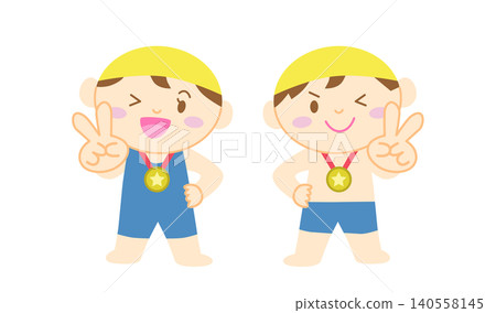An illustration of a boy and a girl in swimsuits making peace signs with medals around their necks. (No outline) An illustration of a boy and a girl in swimsuits making peace signs with medals around their necks. (No outline) 140558145