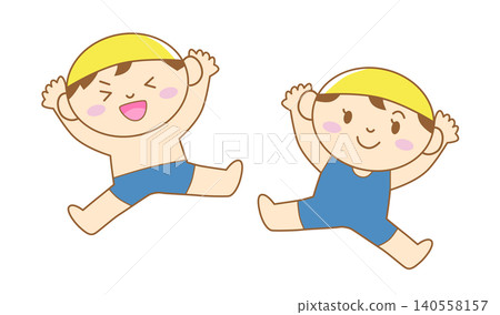 An illustration of a boy and a girl jumping in swimsuits (with outlines). An illustration of a boy and a girl jumping in swimsuits (with outlines). 140558157